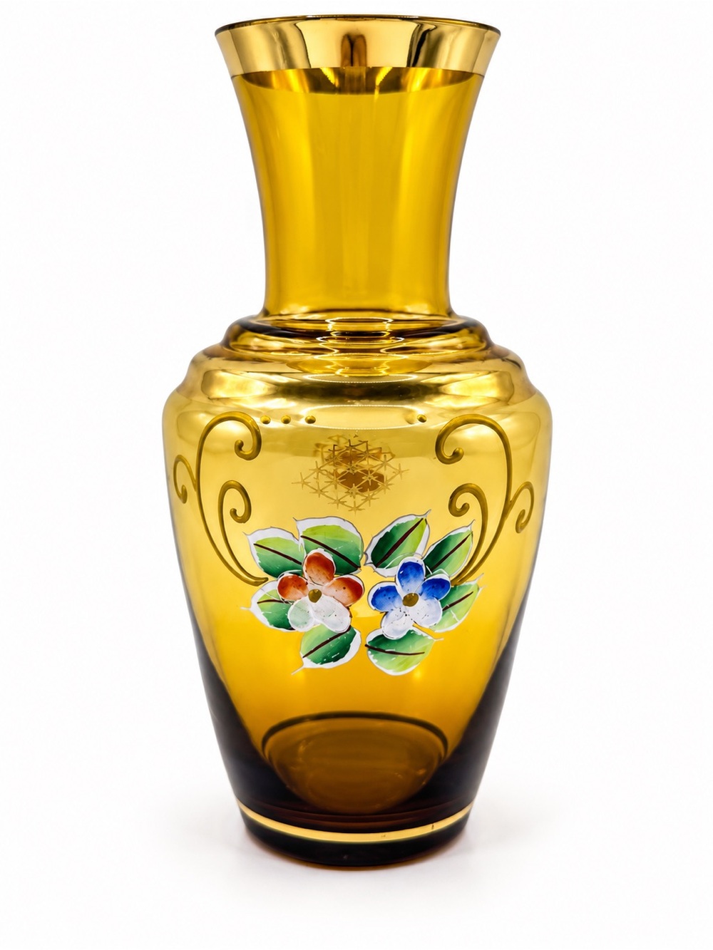 Vintage Bohemian Amber Glass Bud Vase Hand-Painted Floral Gold Trim 5.6”